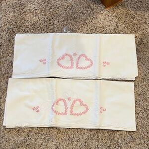 2 Embroidered Pillowcases with Pink Heart Design